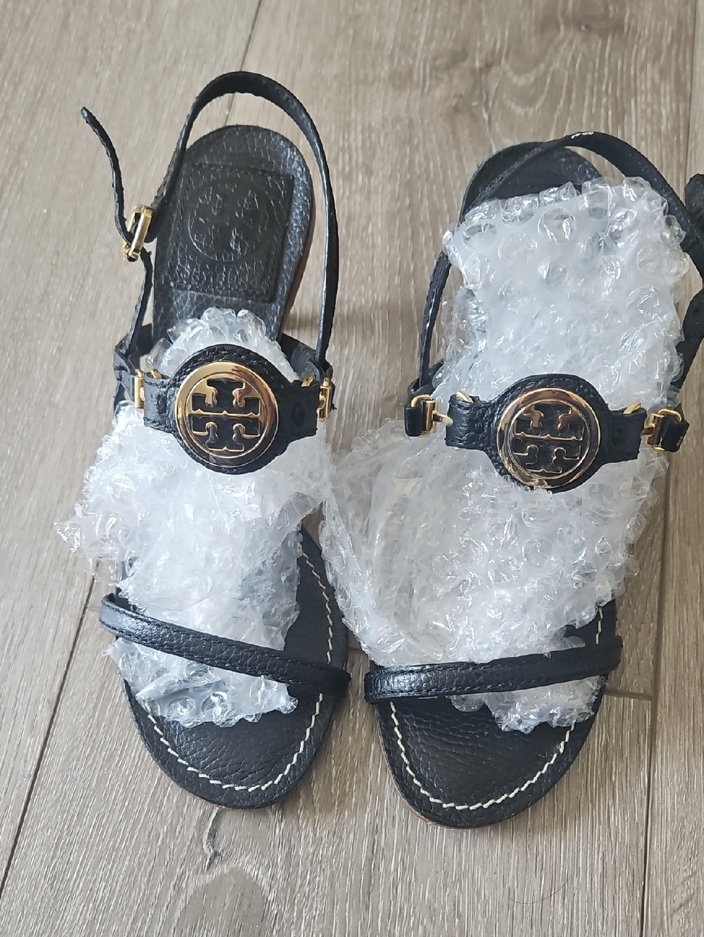 Tory Burch Black Leather Logo Slingback Sandals with Gold Medallions